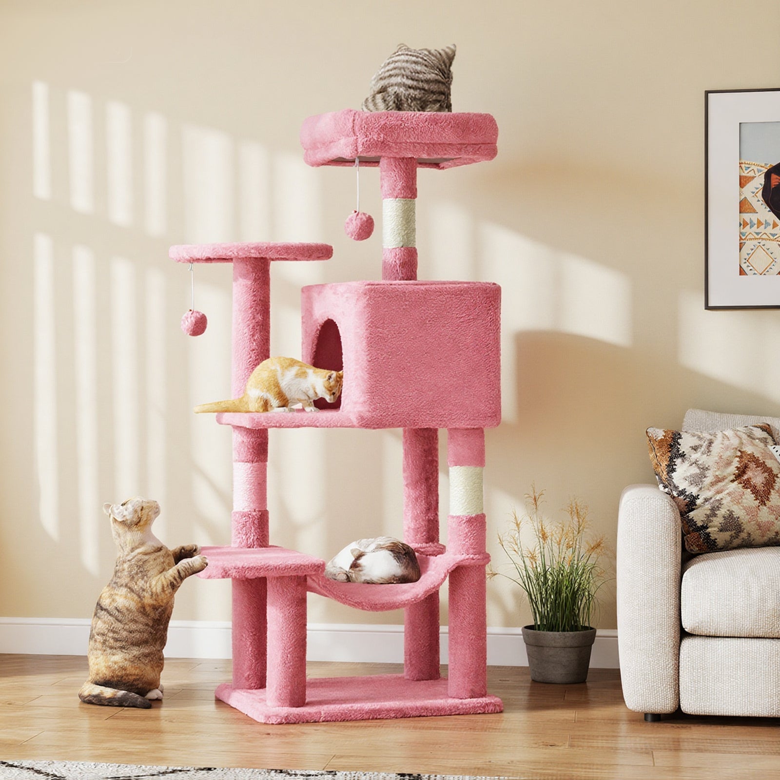 Jhk 44-Inch Multi-Cat Tree Tower With Condo & Hammock - Natural Sisal Scratching Posts, Perches, Pet House For Indoor Cats, Beige/Gray/Light Gray/Pink/Black&Red