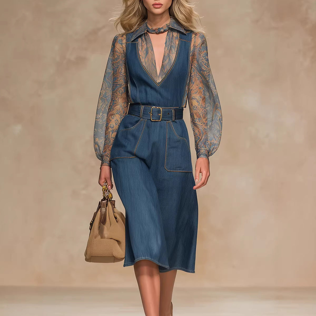 Women's Blue Denim Jumpsuit High Waist Loose Fit with Pockets