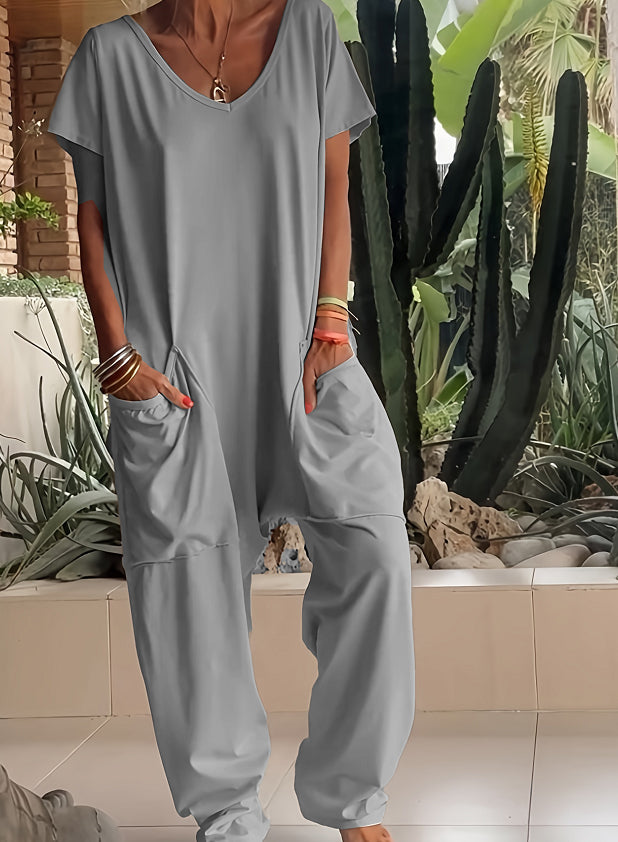Oversized V-Neck Pocket Jumpsuit Casual Romper