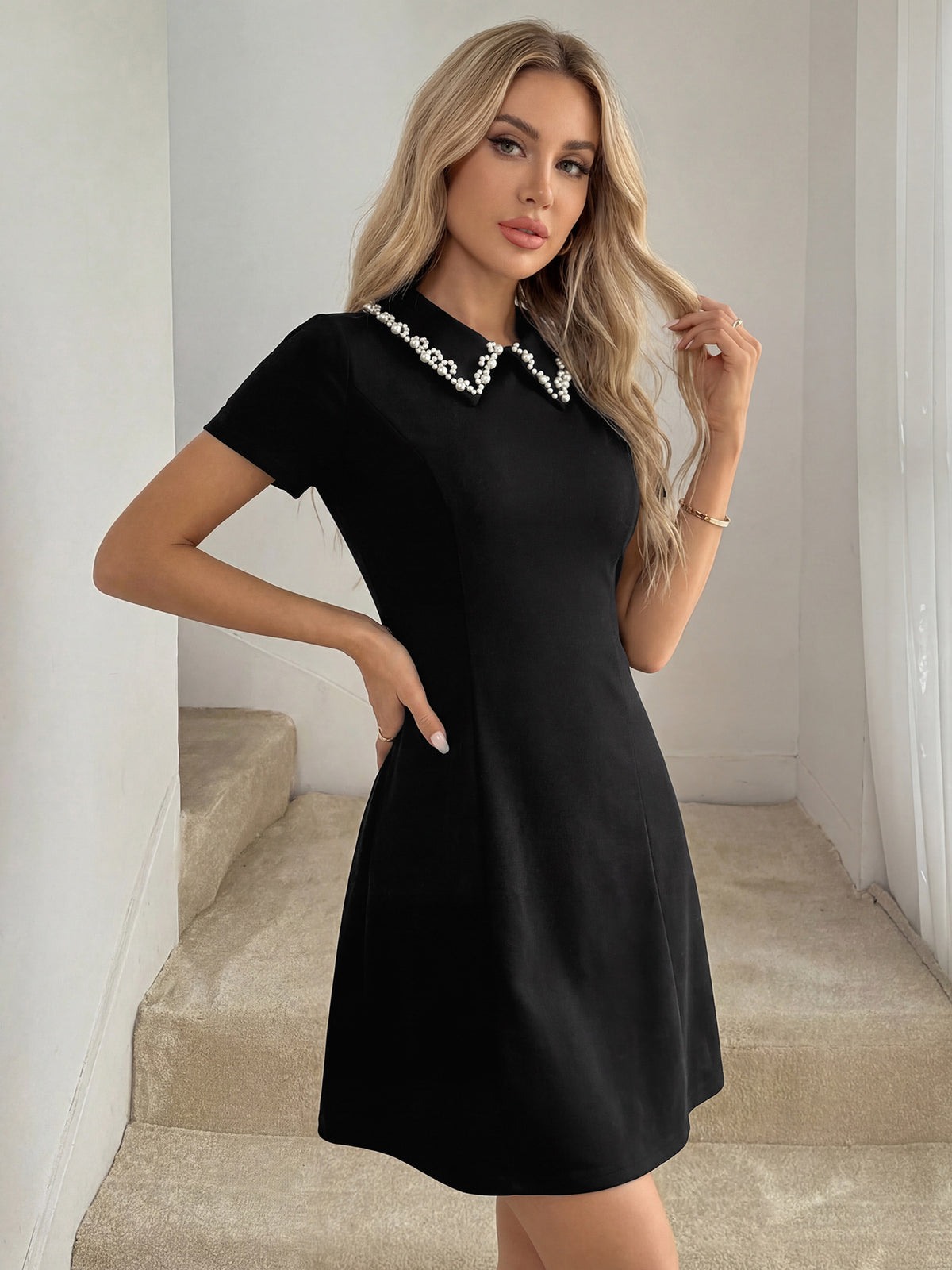 Pearl Collar Short Sleeve A-line Mini Dress