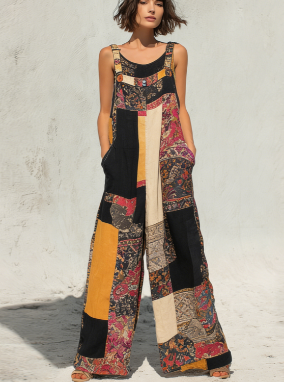 Bohemian Style Patchwork Print Loose Wide-leg Overalls For Women