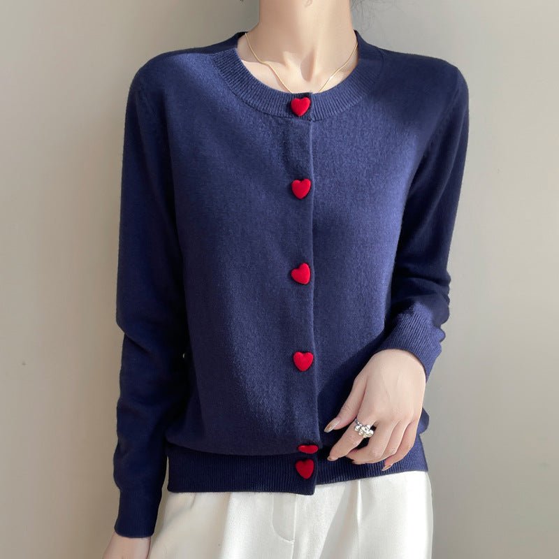 Round Neck Cardigan Red Heart Buckle Sweater for Women