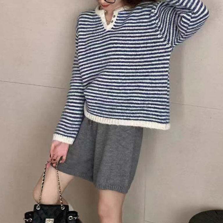 Retro Loose Soft Glutinous Striped Sweater for Women