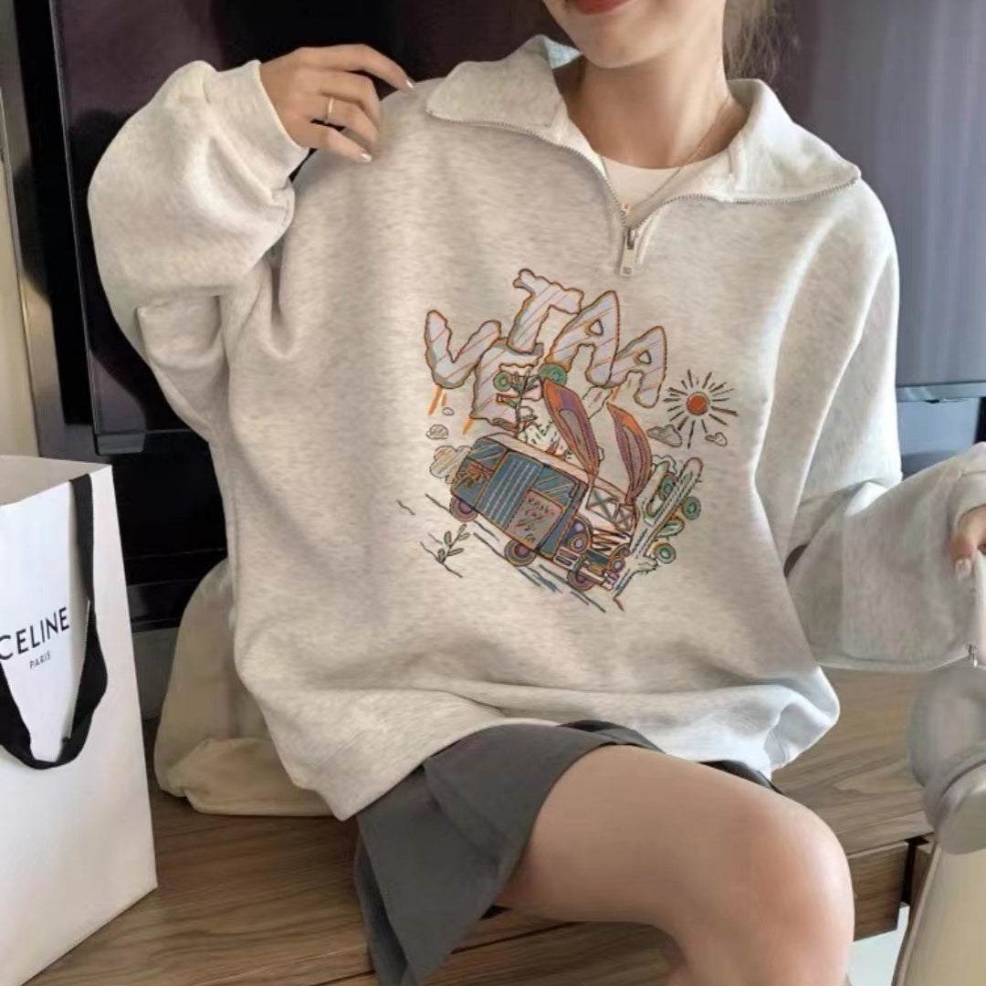 Half-Zip Polo Collar Loose Knit Sweater