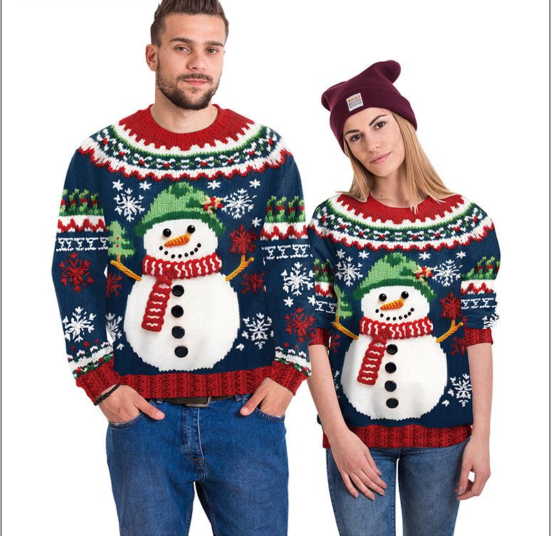 Festive Snowman Christmas Tree Print Crewneck Sweater