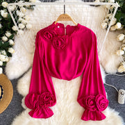 Womens Commuter All-Match 3D Floral Ruffle-Trim Long-Sleeve Shirt
