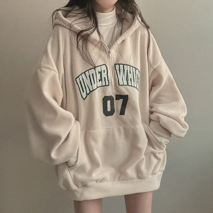 Fleece-Lined Zip-Up Letter Hoodie for Women