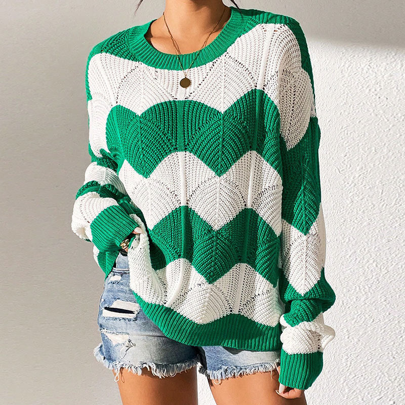 Womens Loose-fit Crew-neck Color-block Striped Long-sleeve Sweater