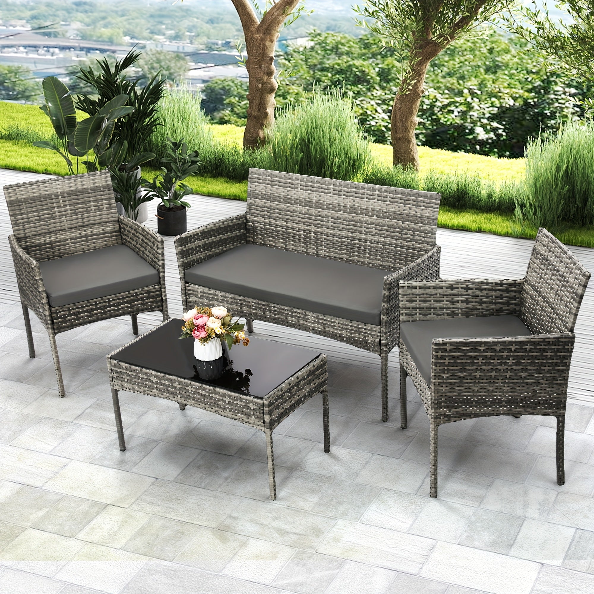 KROFEM 4pcs Bistro Conversation Rattan Furniture Set, Designed for Casual Worry Free Outdoor Living, Premium Quality Sofa, 2 Chairs And Sofa Loveseat with Cushions Plus Glass Top Coffee Table, for Patio, Porch, Or Balcony