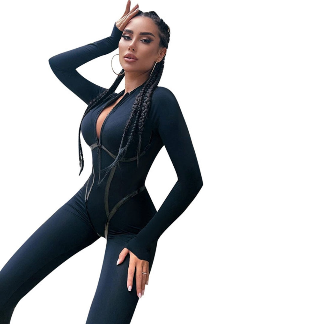 Faux Leather Zip-Up Long Sleeve Skinny Jumpsuit