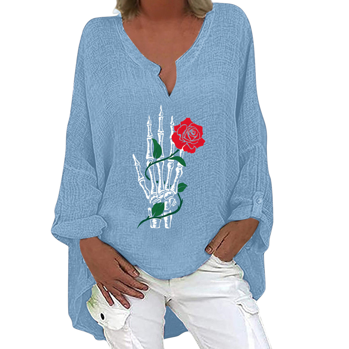 Women's Halloween V-Neck Cotton Linen Long Sleeve Shirt