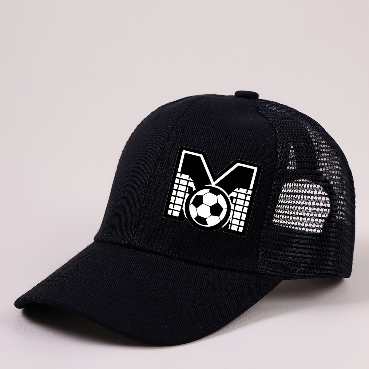 Boys Mesh Baseball Cap with A‑Z Letter and Soccer Ball Print, Unisex Sunvisor, Black