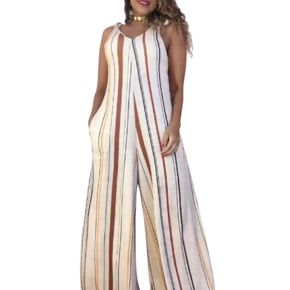 Boho Printed V-Neck Wide-Leg Romper with Pockets