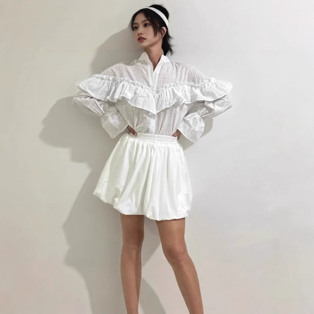 Womens Street-Style Fashion Layered Ruffle-Trimmed Shirt