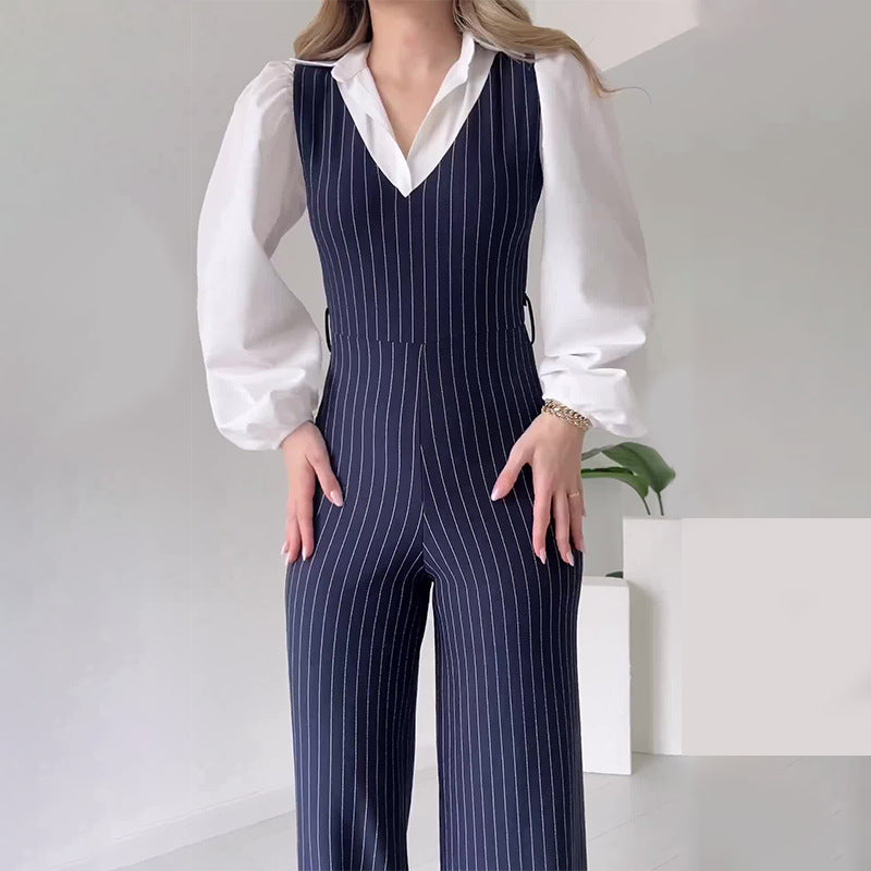 High-Waist Striped Patchwork Straight Leg Jumpsuit
