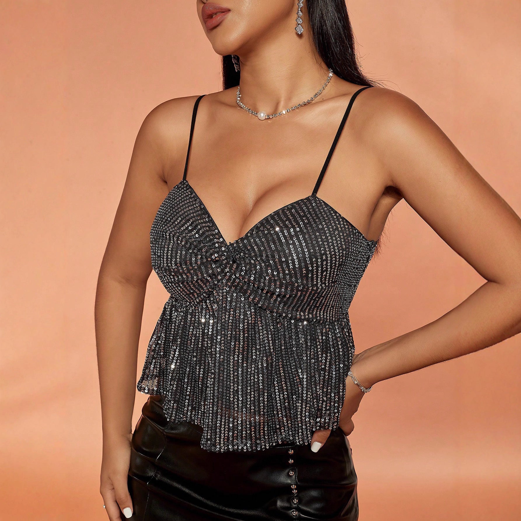 Sleek Backless Sequin Camisole – Shimmering Night‑Out Top
