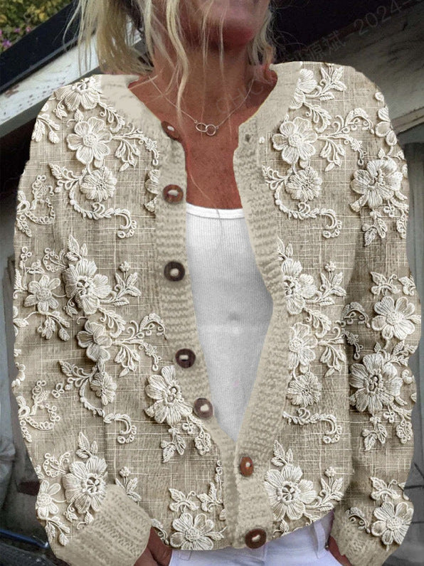 Women's 3D Digital Print Knitted Cardigan Sweater