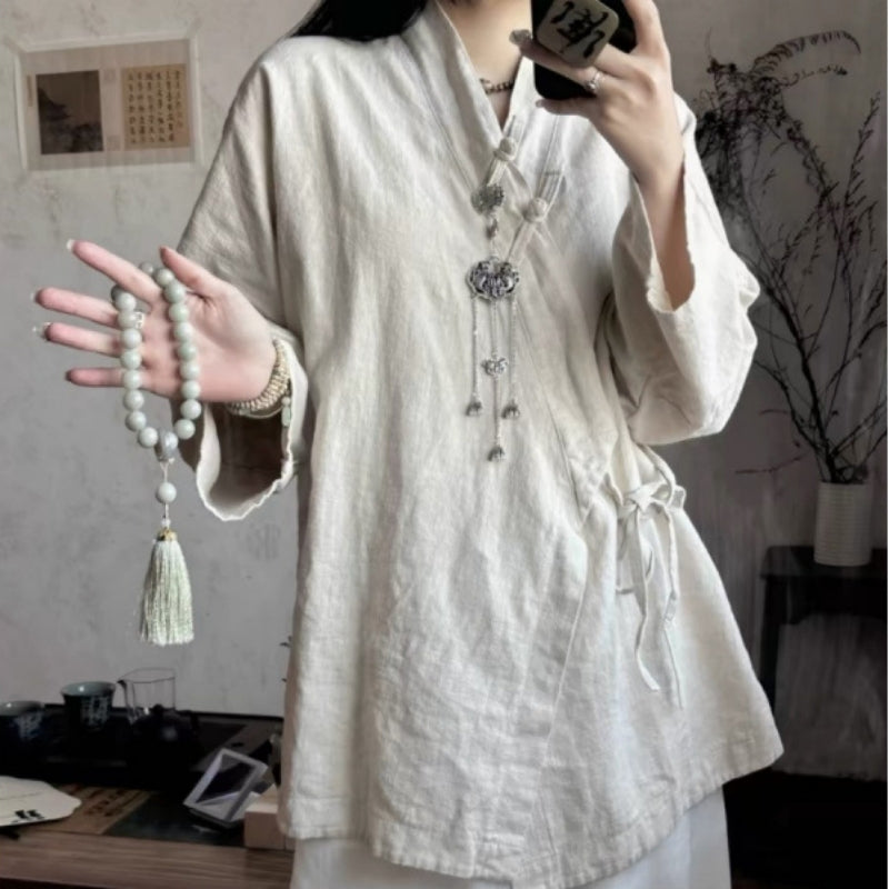 New Chinese-style Zen Tea Clothing With Tie-up Top In Cotton And Linen