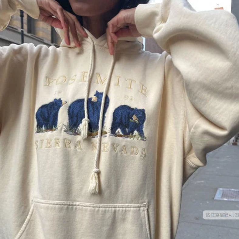 Cozy Bear Embroidered Beige Velvet Hoodie