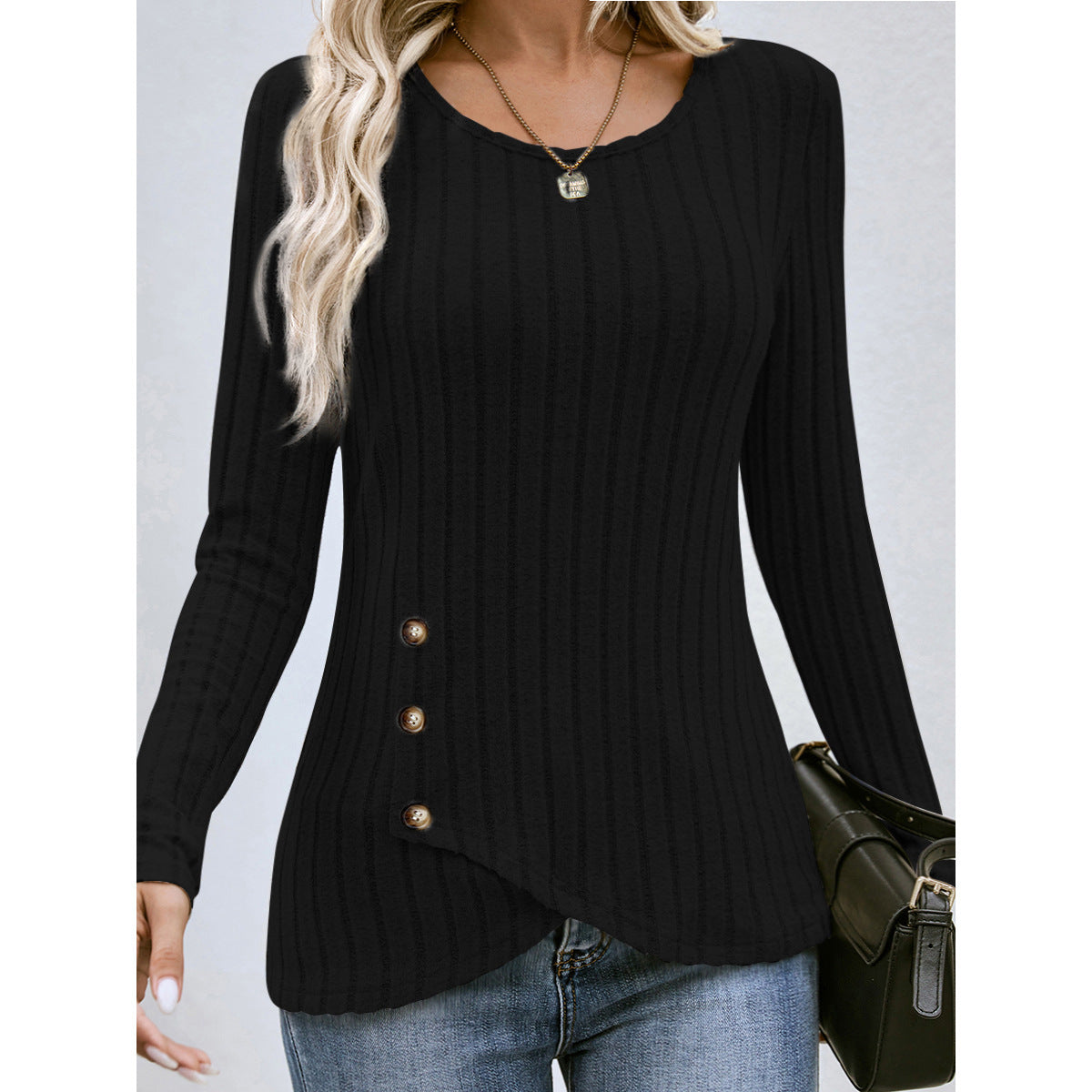Women's Slim Fit Button Round Neck Ribbed Sweater