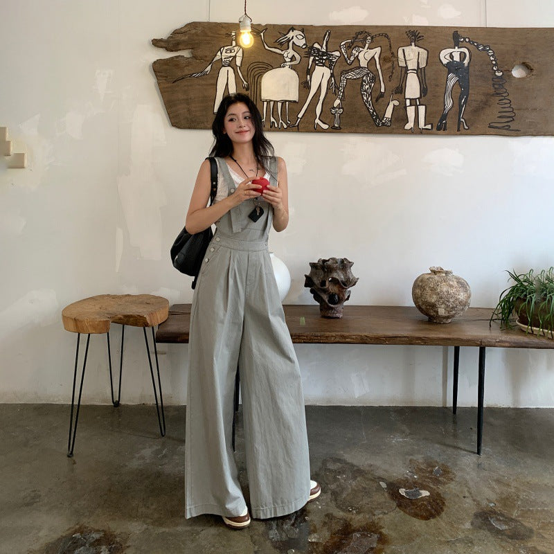 Womens Jumpsuit Overalls Wide-Leg Casual Pants Loose-Fit Straight-Leg Bib Trousers