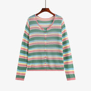 Plus Size Round Neck Color Striped Shirt Women's Thin Top
