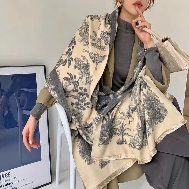 Double-Sided Cashmere Scarf for Women - Tropical Rainforest Pattern