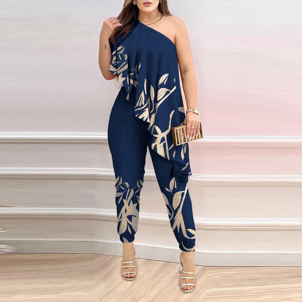Black Ruffled One-Shoulder Jumpsuit for Women