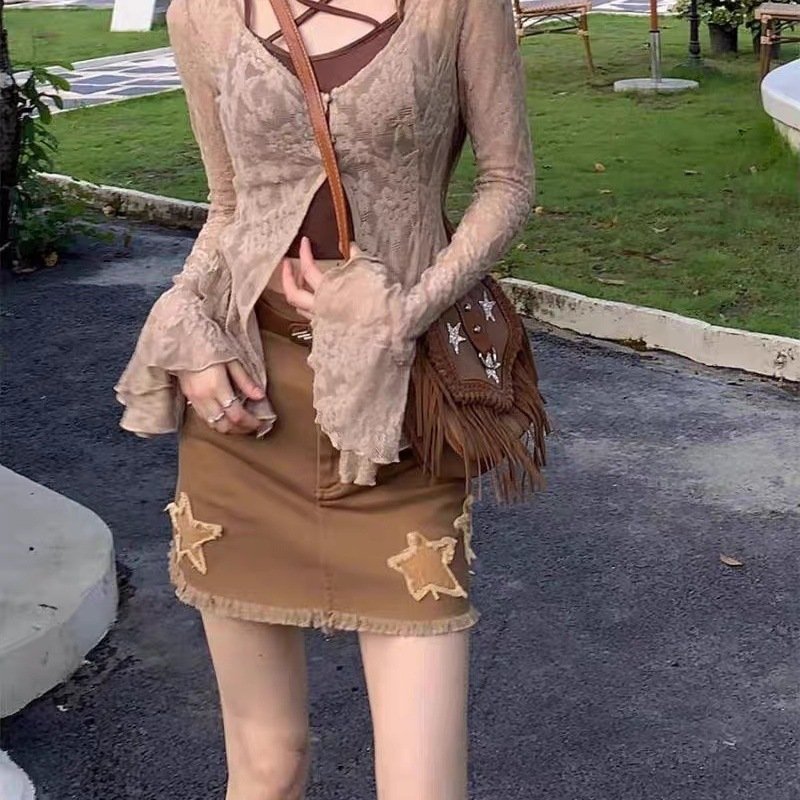 Brown Camisole Dress with Cardigan and Skirt