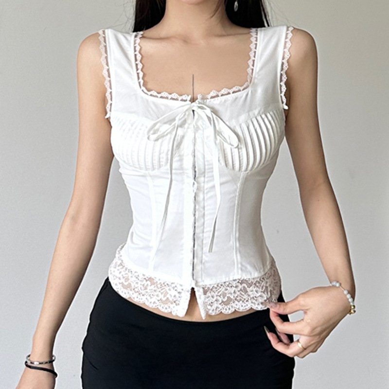 Lace Trim Slimming Top for Women - White, S-L