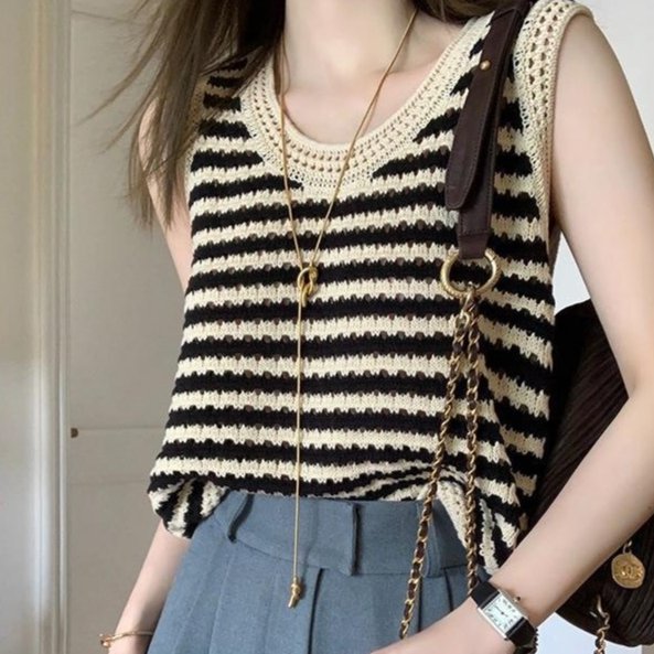 Striped Knitted Camisole Vest for Women - Slim Fit