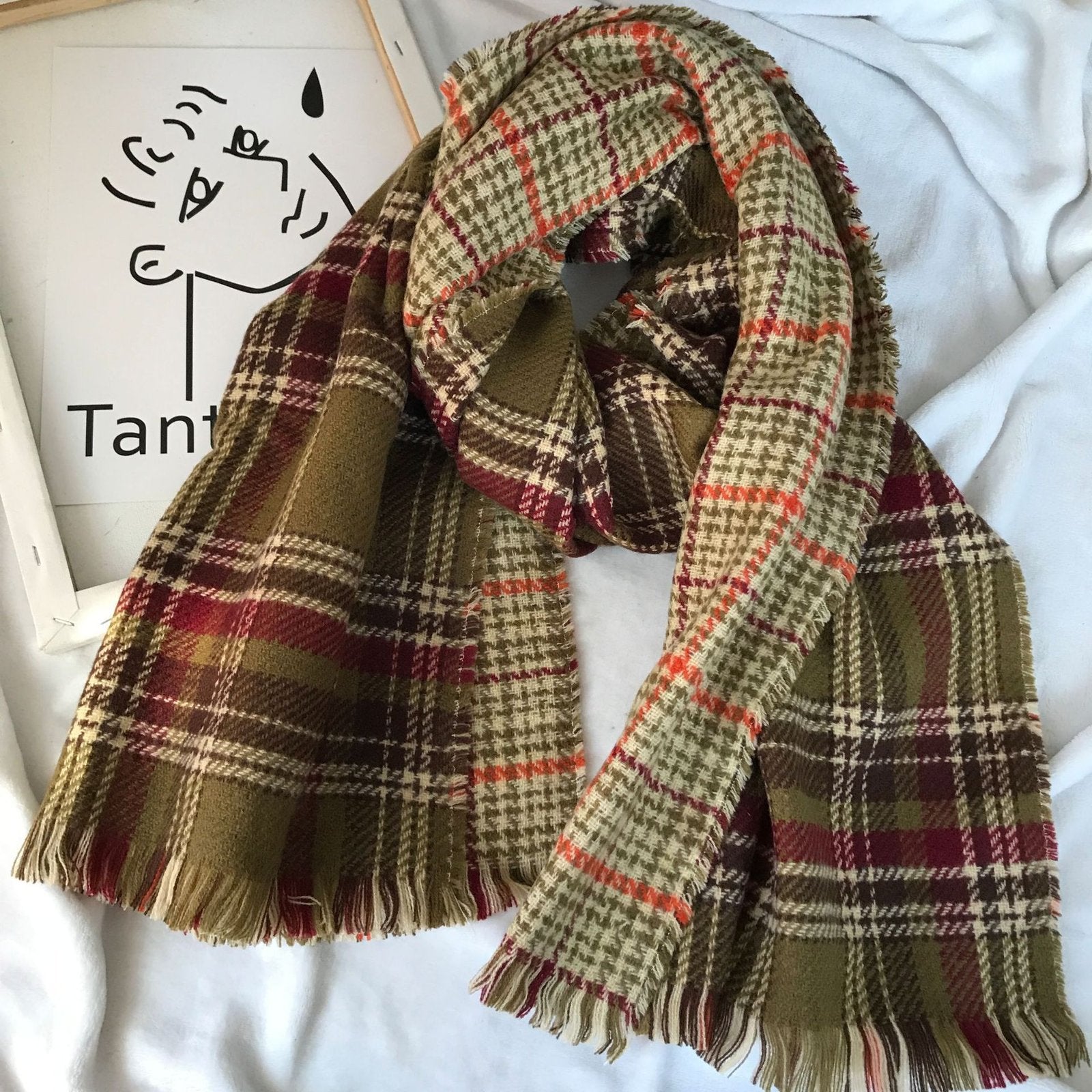 Warm Double-Sided Cashmere Scarf for Women - Autumn & Winter Plaid Tassel