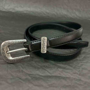 Stylish Thin Leather Belt with Metal Carved Buckle