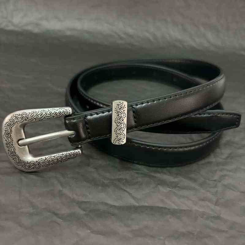 Stylish Thin Leather Belt with Metal Carved Buckle