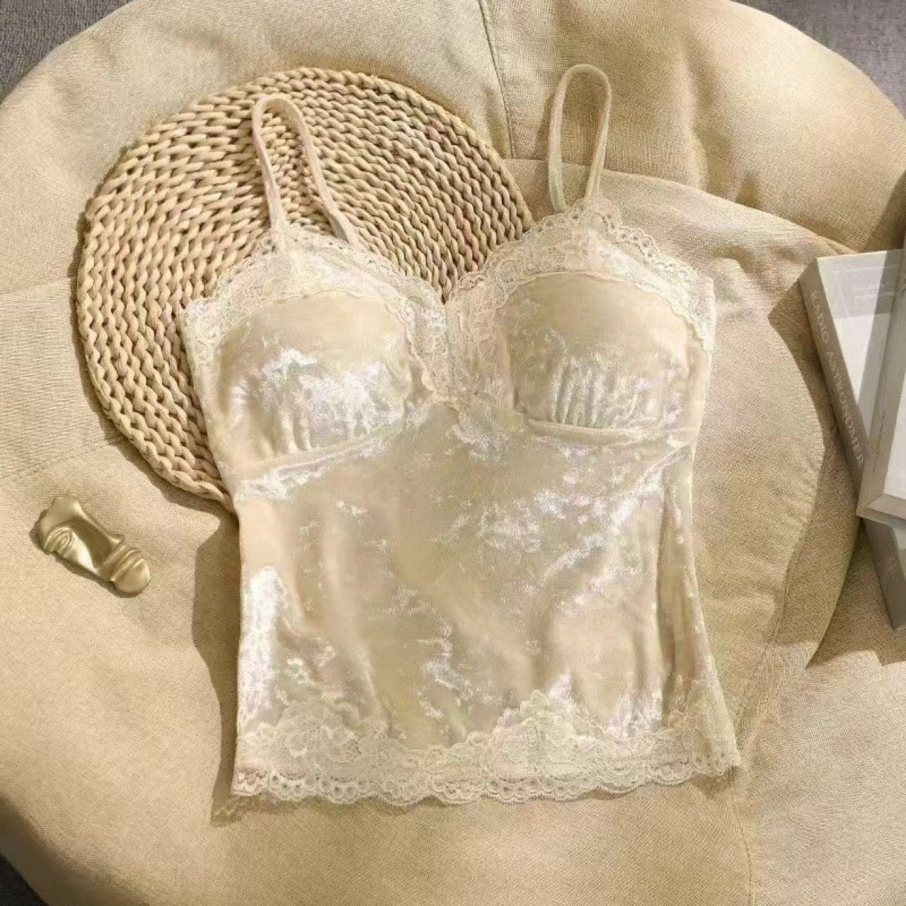 Sexy Gold Velvet Sling Vest with Lace and Chest Pad