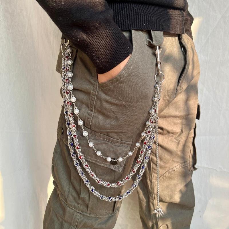 Heavy Chain Denim Belt with Pearl Accents