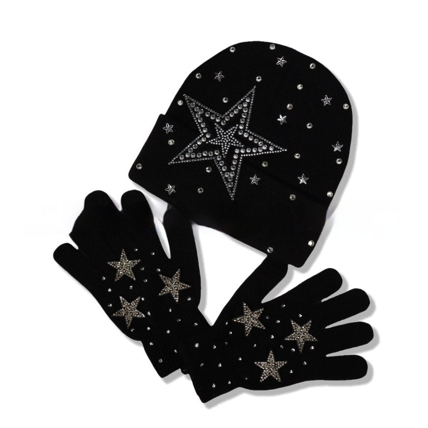Stylish Diamond Embellished Beanie Hat Set