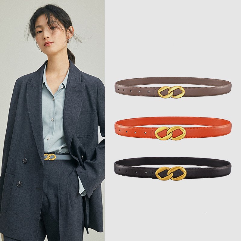 Vintage Leather Belt for Women - Classic Smooth Buckle Design