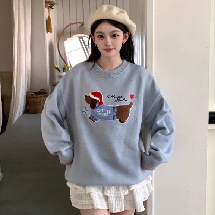 Cozy Women's Puppy Embroidered Knitwear Sweater