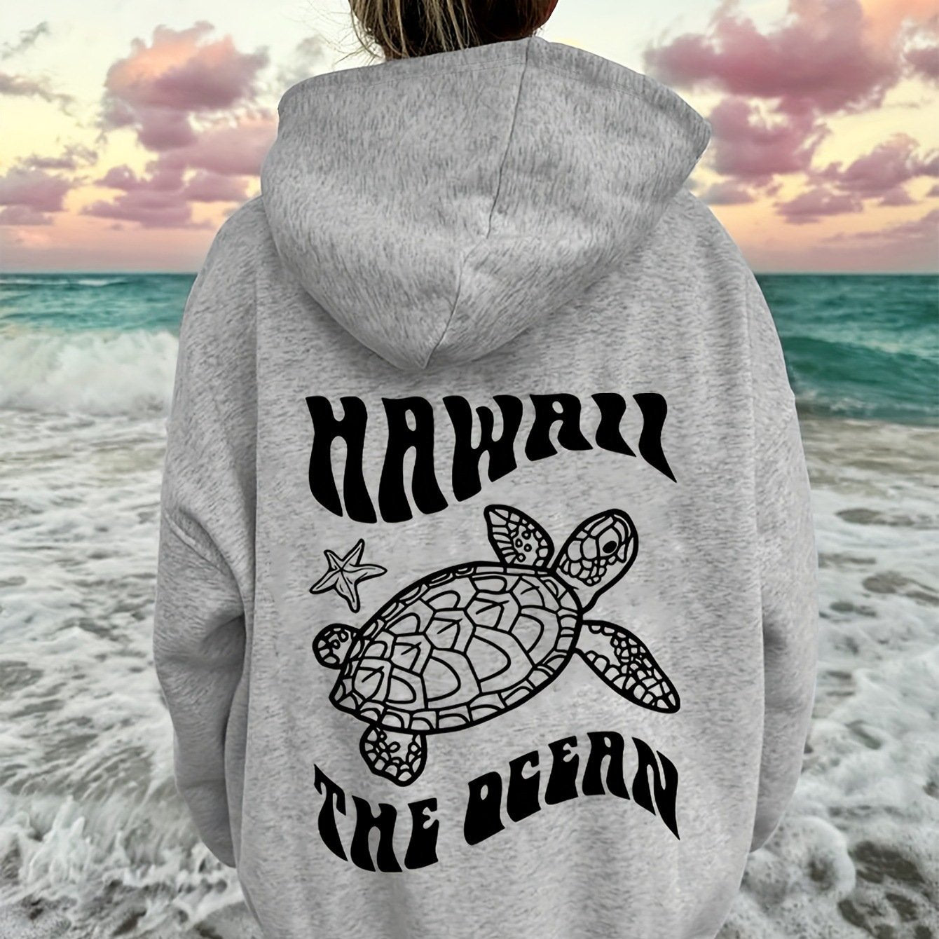 Cozy Suede Hoodie with Turtle & Starfish Print