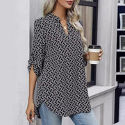 Women's Loose V-Neck Printed Long Sleeve Shirt