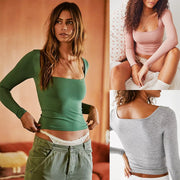Women's Long Sleeve Square Collar Crop Top