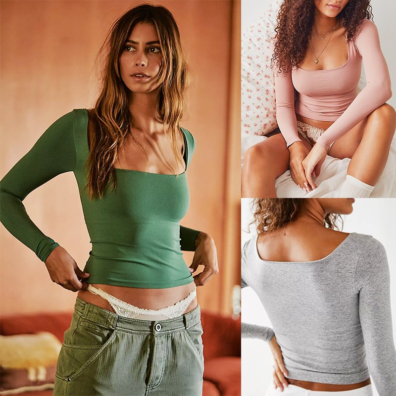 Women's Long Sleeve Square Collar Crop Top