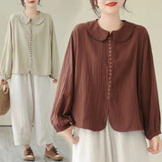 Women's Linen Cotton Doll Collar Long Sleeve Blouse