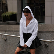 Casual Cotton White Long Sleeve Hooded Blouse