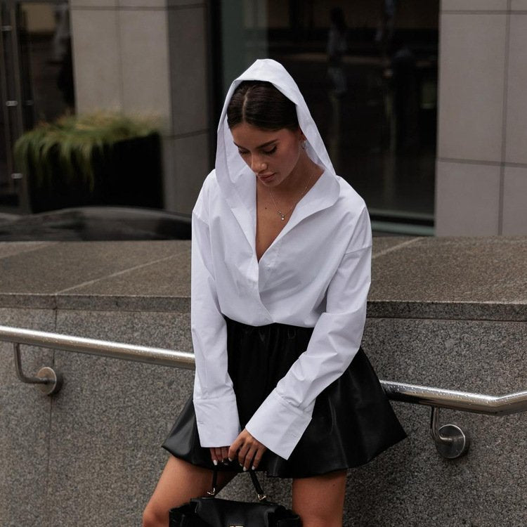 Casual Cotton White Long Sleeve Hooded Blouse