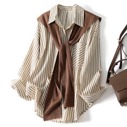 Chic Shawl Collar Striped Long-Sleeve Shirt