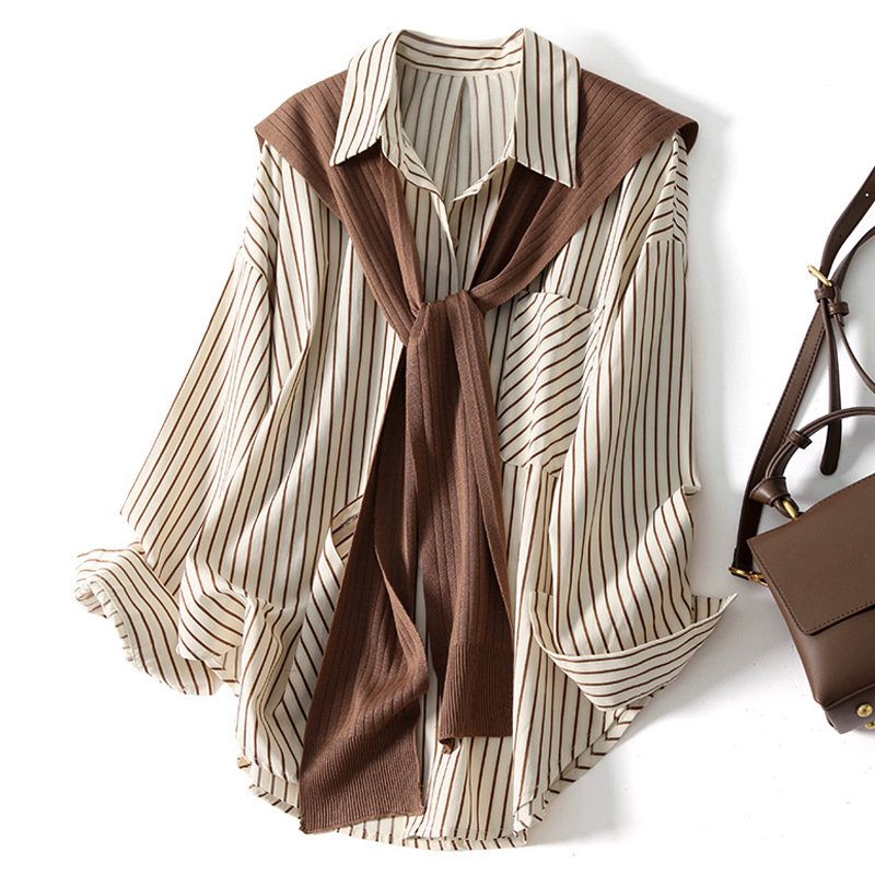 Chic Shawl Collar Striped Long-Sleeve Shirt