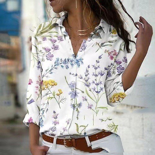 Women's Casual Print Lapel Long Sleeve Shirt
