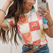 Color Contrast Printed Short-Sleeve Casual Top